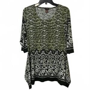 Multiples Women's Green Black Loose Fit Snake Skin Pattern 3/4 Blouse Size Small